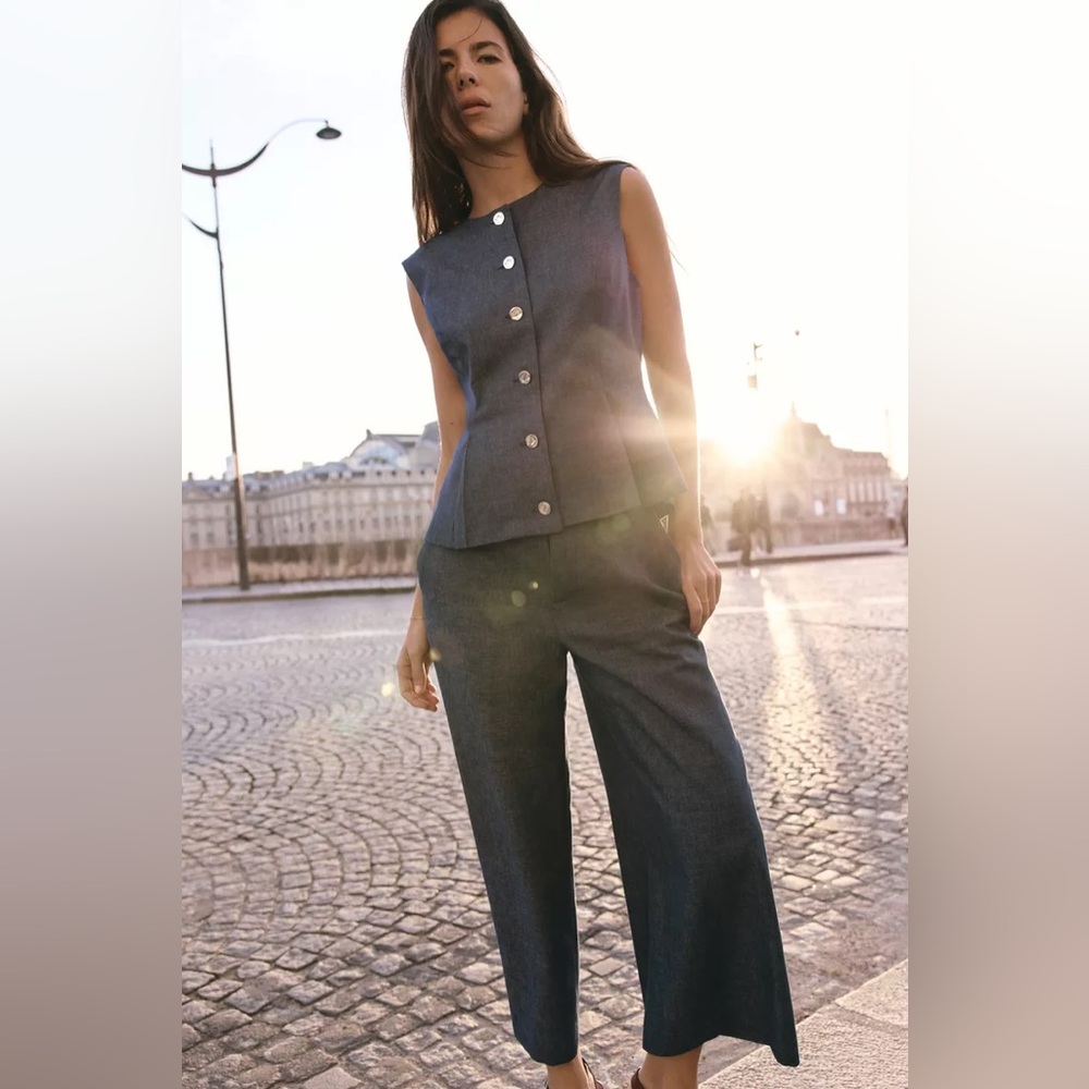 Tailored Sleeveless Button-Front Denim Vest & Wide-Leg Pants Set - Denim - Picture 4 of 15